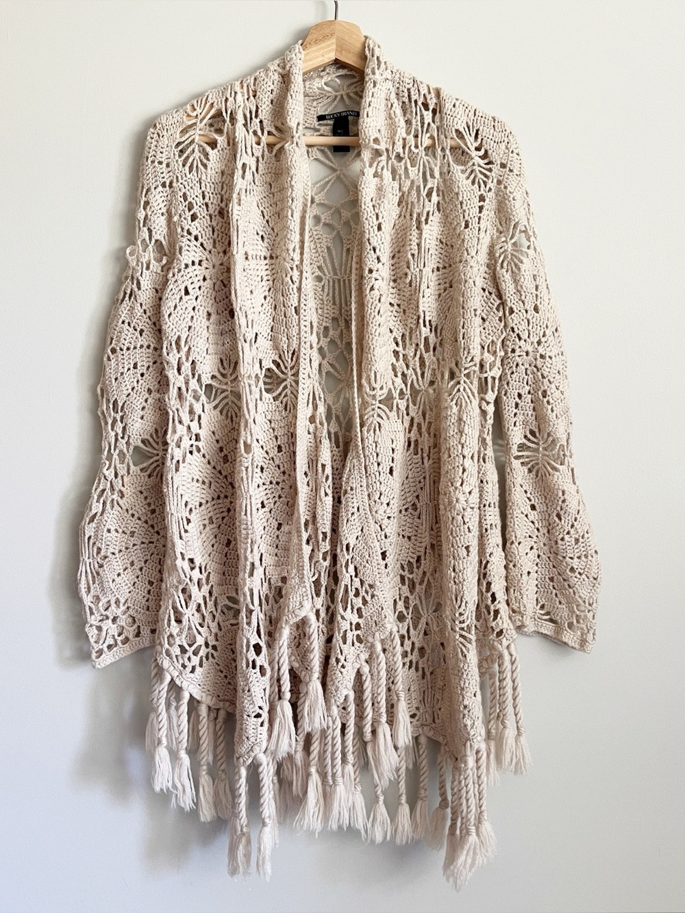 Lucky Brand Cardigan Size Medium Large Crochet Beige Wool Boho Festival Open